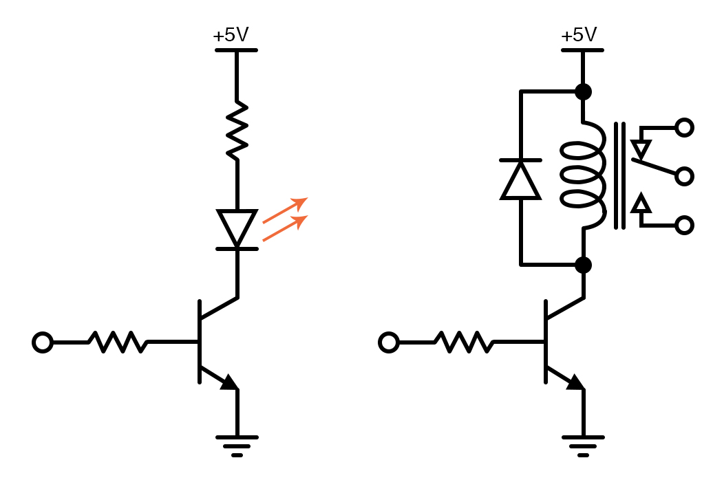 基本开关Cibasic开关电路控制高强度LED（左侧）和继电器（右侧）