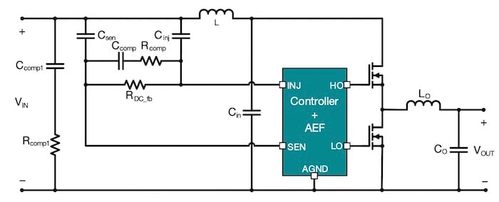 一种buck变换器，利用带有感应和注入电容的有源EMI滤波器，以及用于补偿的元件。