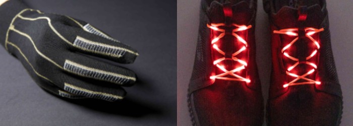 电子纺织品研究的两个例子：针织加热手套（左）和发光电子纱（右）。