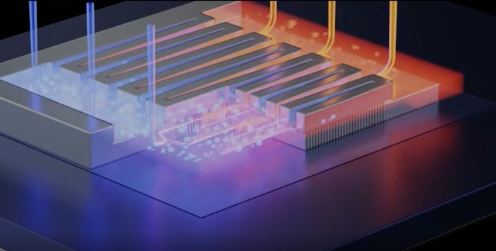 微流体通道非常接近晶体管的热点，使热量能够以完全正确的位置提取以获得最大效率。