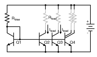 可以从单个（Q1-RBIAS）电压源开始多电流镜。